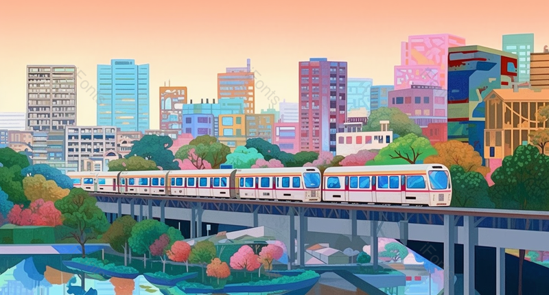 新中式插图城市里的高楼大厦房屋建筑火车动车行驶在桥上,插画/手绘图,插画/手绘图库,插画/手绘图下载,插画/手绘
